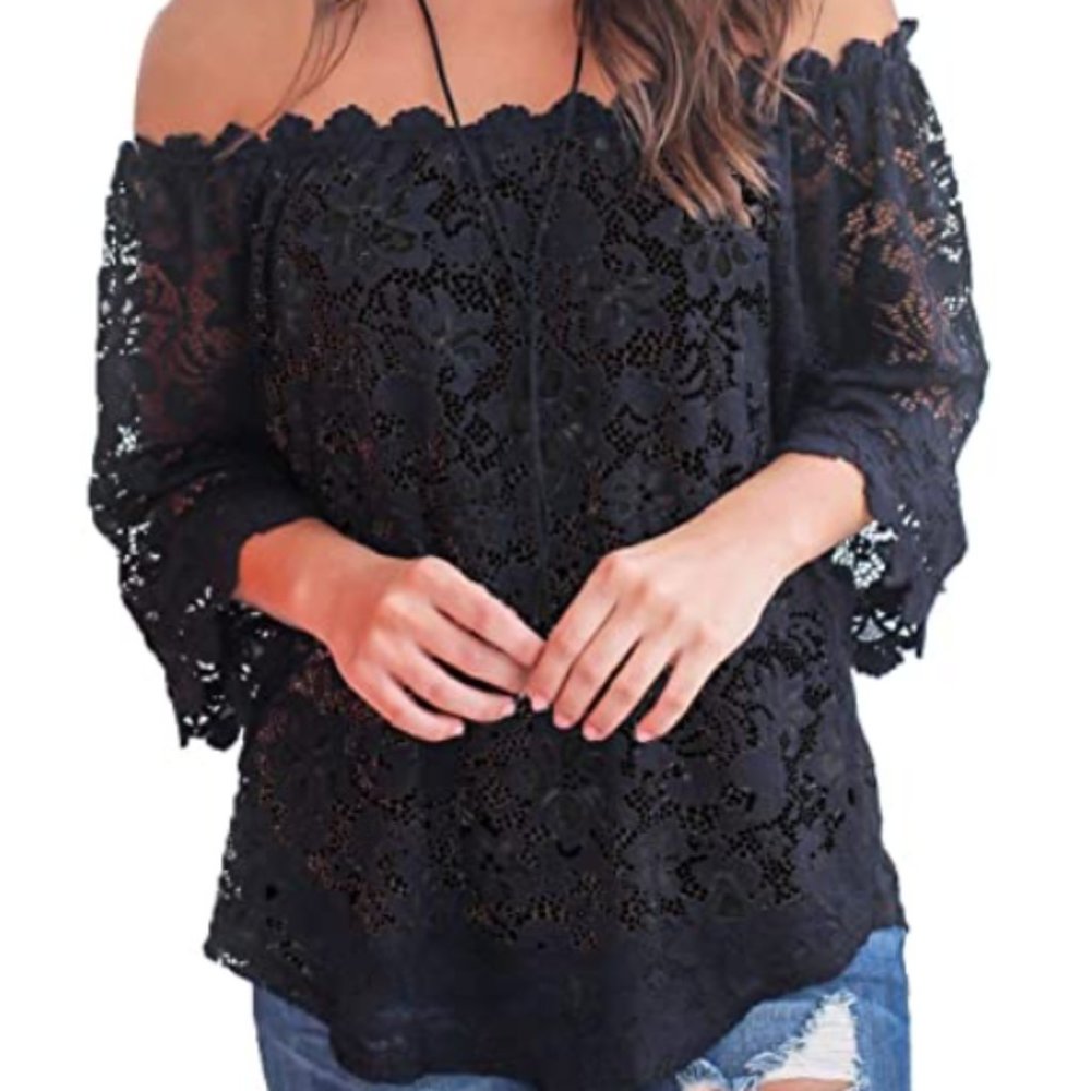 MIHOLL Black Lace off the shoulder top  NWT